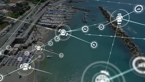 animation of network of connections with icons over marina for boat