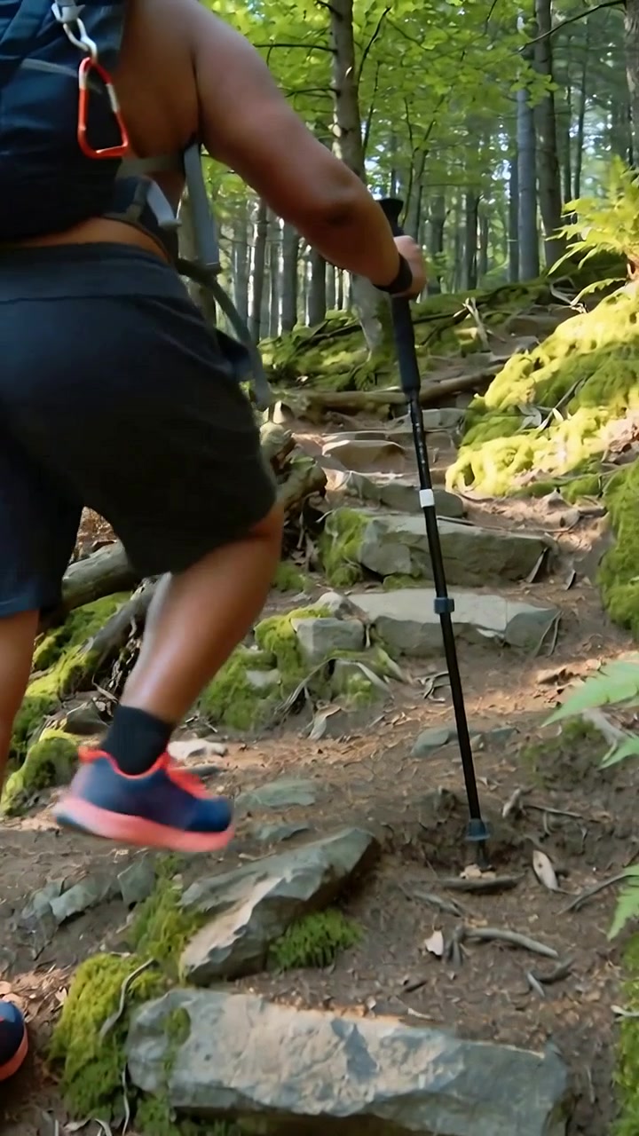 Video verticale: Escursionista che pianta un bastone e scala un sentiero nel bosco in pantaloncini con moschettoni per salire