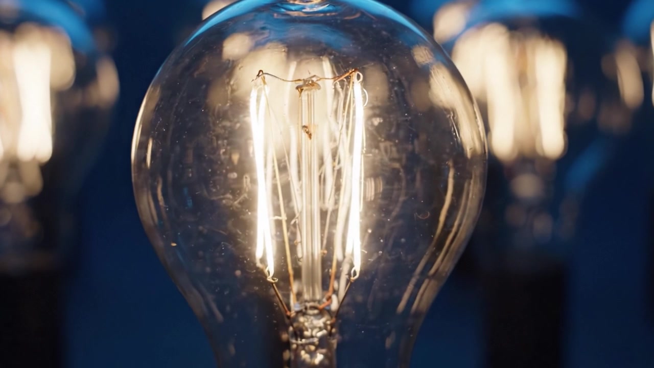 Bellezza illuminante: Un primo piano di lampadine vintage che brillano intensamente in un ambiente poco illuminato, evocando un senso di nostalgia e calore.