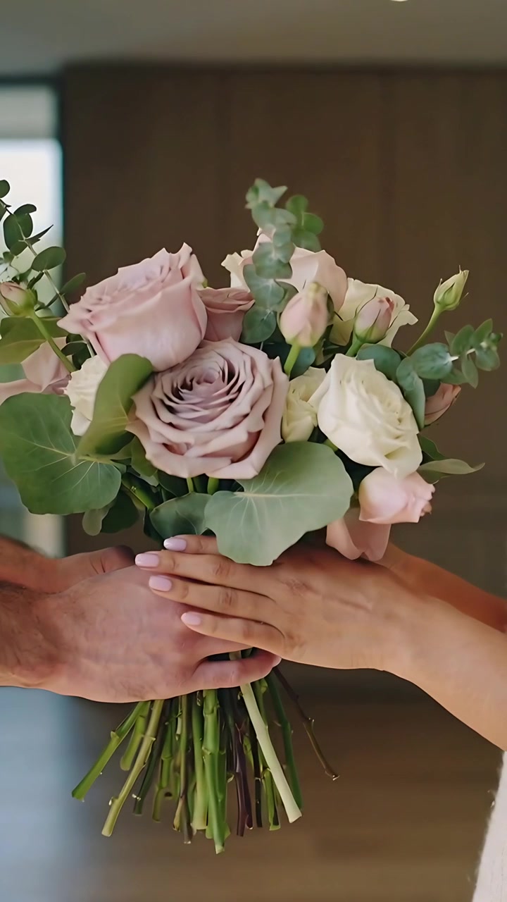 Video verticale: Offrendo fiori, una donna in abito bianco riceve rose rosa pallido come regalo a casa.