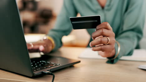 laptop, credit card and woman hands for business