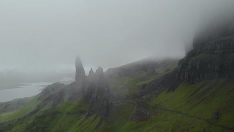 aerial drone shot of old man of storr in isle of skye scotland, green landscape during a cloudy day