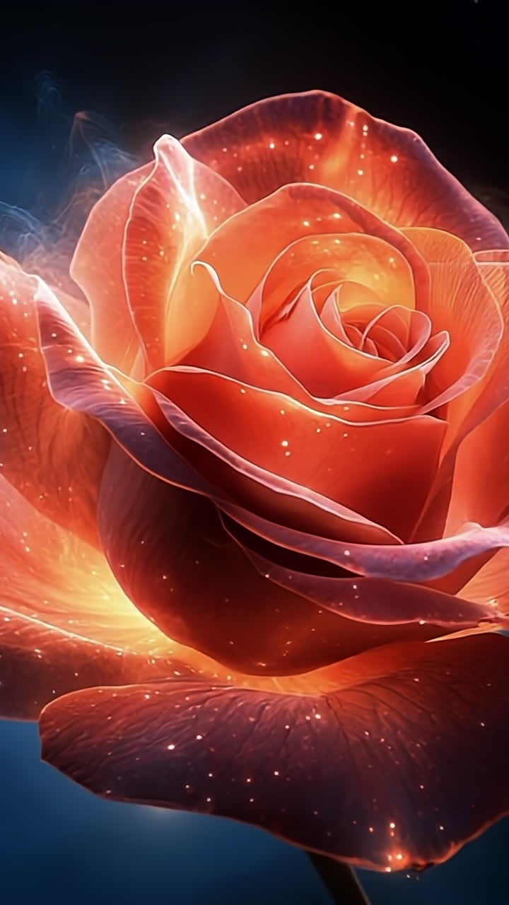 Glowing rose shines at night. A vibrant rose glows softly against a dark background, creating an enchanting evening atmosphere filled with light.