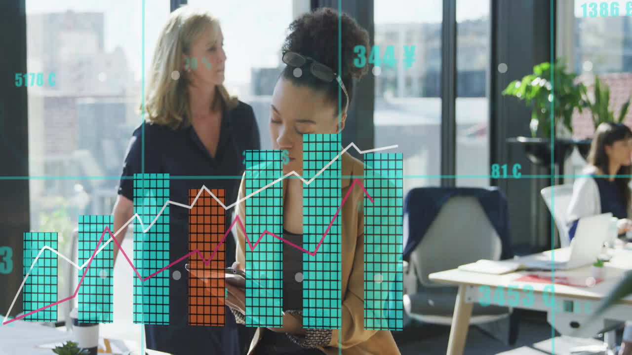 Analyzing financial data charts, businesswomen in modern office creating animation