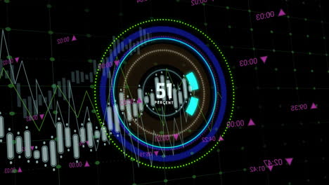 Animation-Eines-Diagramms-Zur-Datenverarbeitung-über-Einem-Blauen-Ladering-Mit-Steigendem-Prozentsatz-Auf-Schwarzem-Hintergrund