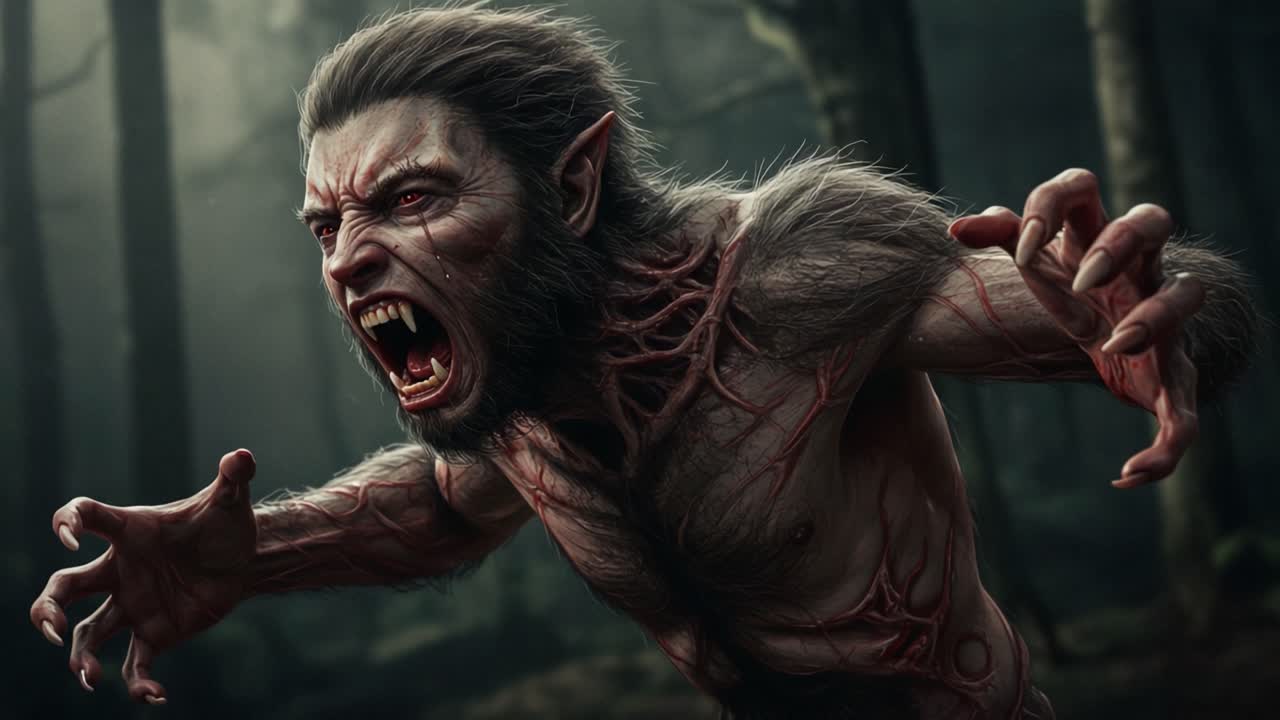 A fierce creature emerges from the shadowy forest, showcasing its primal power and fury, demonstrating a captivating blend of human and beast in a stunning transformation