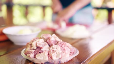 Un-Chico-Que-Viaja-De-Cerca-Está-Cocinando-Pilaf,-Está-En-Una-Casa-De-Verano-Y-Corta-Verduras-Frescas,-Trozos-De-Carne-Enfocados