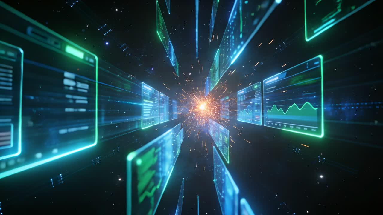 Advancing panels with charts sliding past camera in space toward orange node, flare causing tilt