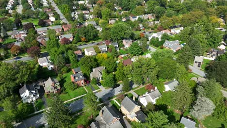 aerial view of a suburban neighborhood with tree-lined streets and diverse houses