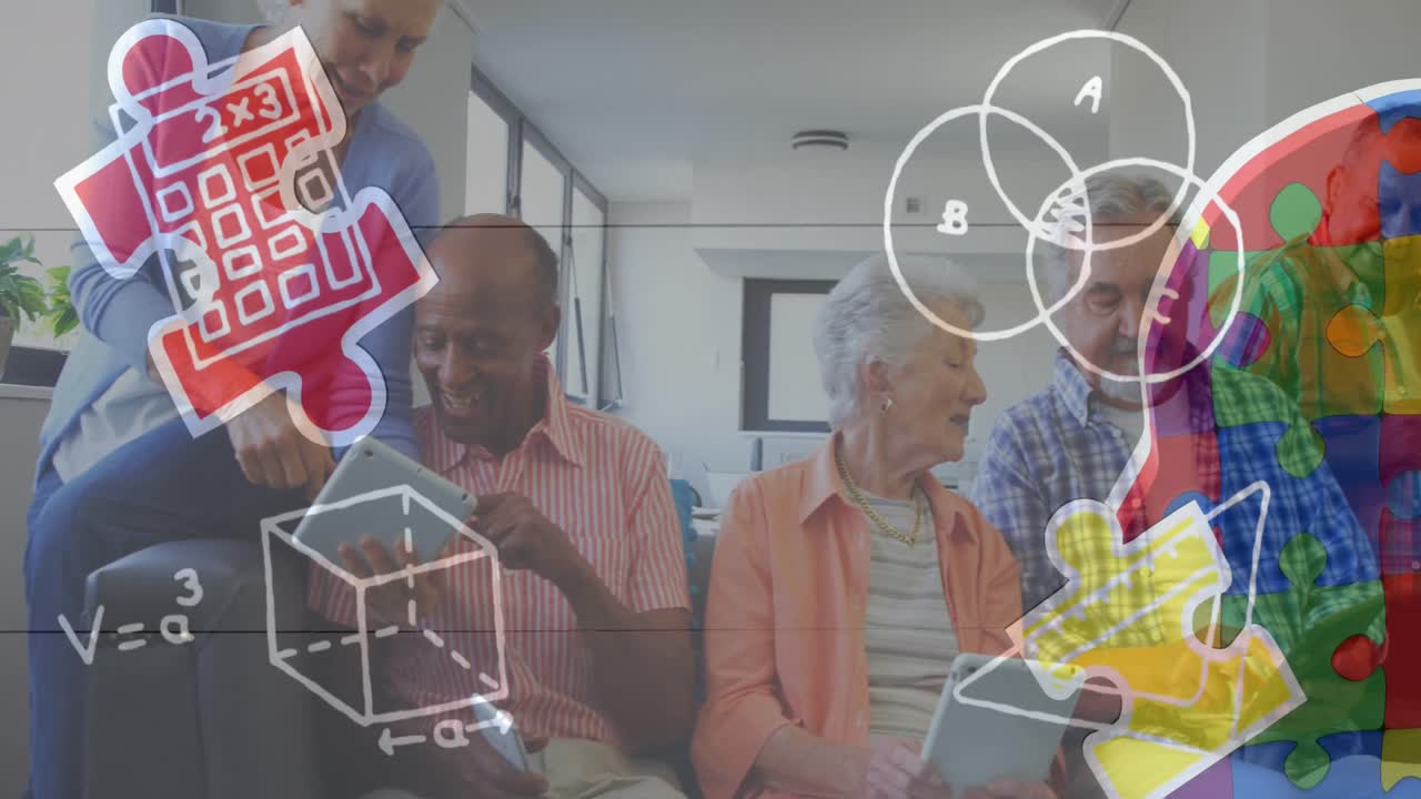 animación de piezas de rompecabezas coloridas y artículos escolares sobre amigos mayores utilizando dispositivos electrónicos