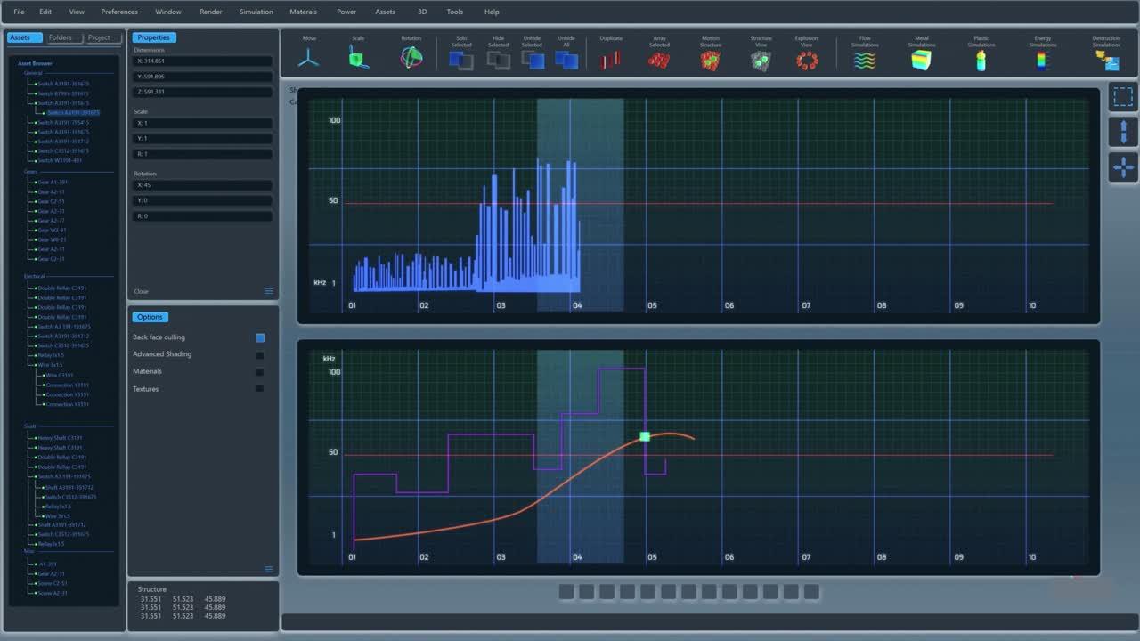 그래프와 분석 산업 인포그래픽을 가진 기술 모니터링 다이어그램, 파란색, 보라색 및 오렌지색 차트와 함께 어두운 인터페이스, 컨트롤 에서 컴퓨터 디스플레이를위한 모 vfx 템플릿