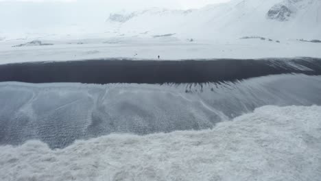 una hermosa toma de drones de la playa negra en islandia muestra las altas olas del mar y el clima nublado mientras la nieve cubre parte de la arena negra