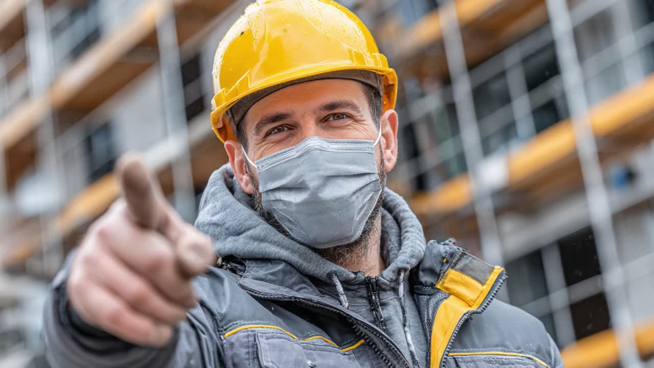 Construction Worker on Site Points Towards Camera with Confidence, Showcasing Safety Measures During Ongoing Building Project amidst Machinery and Scaffoldings