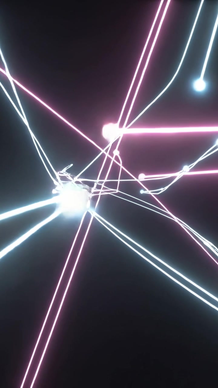 Vertical video: Pulsing neon net forming on pulse in dark void, pink cyan beams and nodes for UI