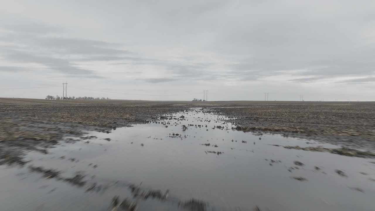 Damage Crops Over Flooded Farm Fields After Heavy Rain In Wisconsin, USA. Aerial Drone Shot