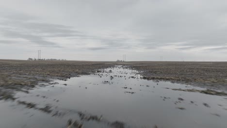 damage crops over flooded farm fields after heavy rain in wisconsin, usa. aerial drone shot