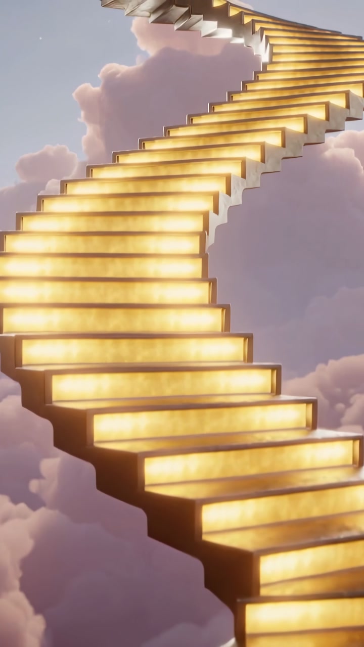 Vertical video: Rising camera showing glowing spiral stair climbing into pink clouds, lit risers