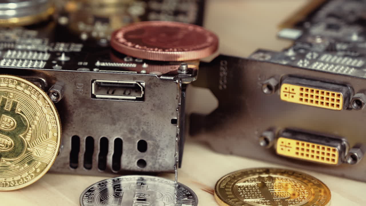 Composition with golden and silver bitcoin crypto money, dollars and computer graphic mining cards