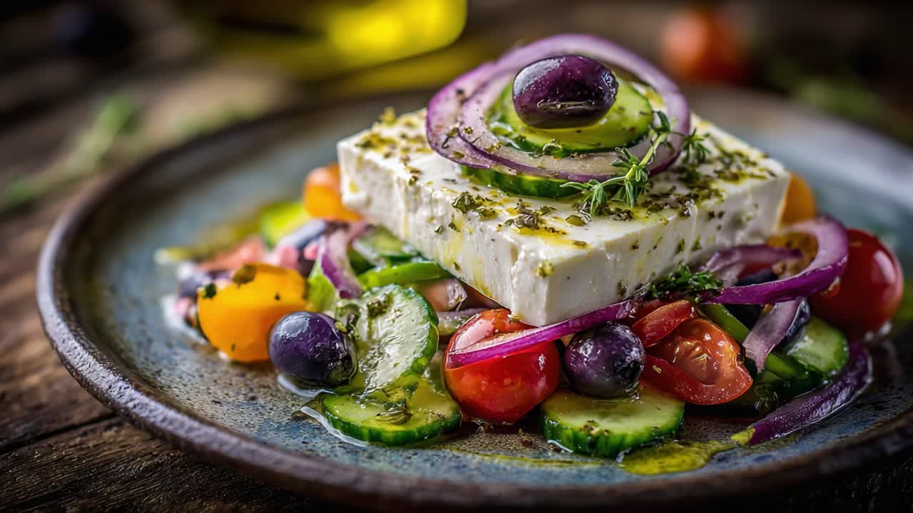 A Vibrant Mediterranean Salad Featuring Fresh Vegetables, Creamy Feta Cheese, and a Drizzle of Olive Oil, Perfect for a Healthy Meal or Side Dish