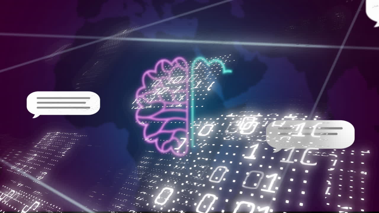 animación de procesamiento de datos ai e íconos sobre globo y codificación binaria
