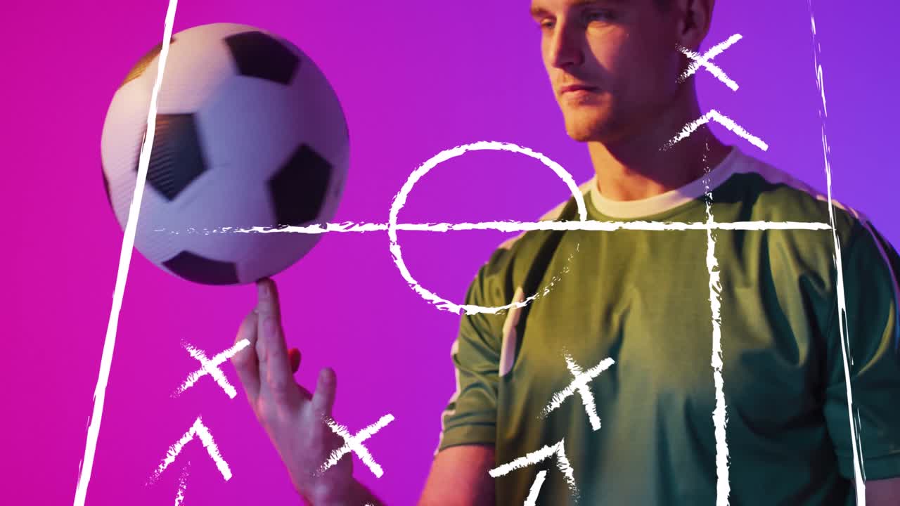 animación de un jugador de fútbol masculino caucásico sobre el dibujo del estadio