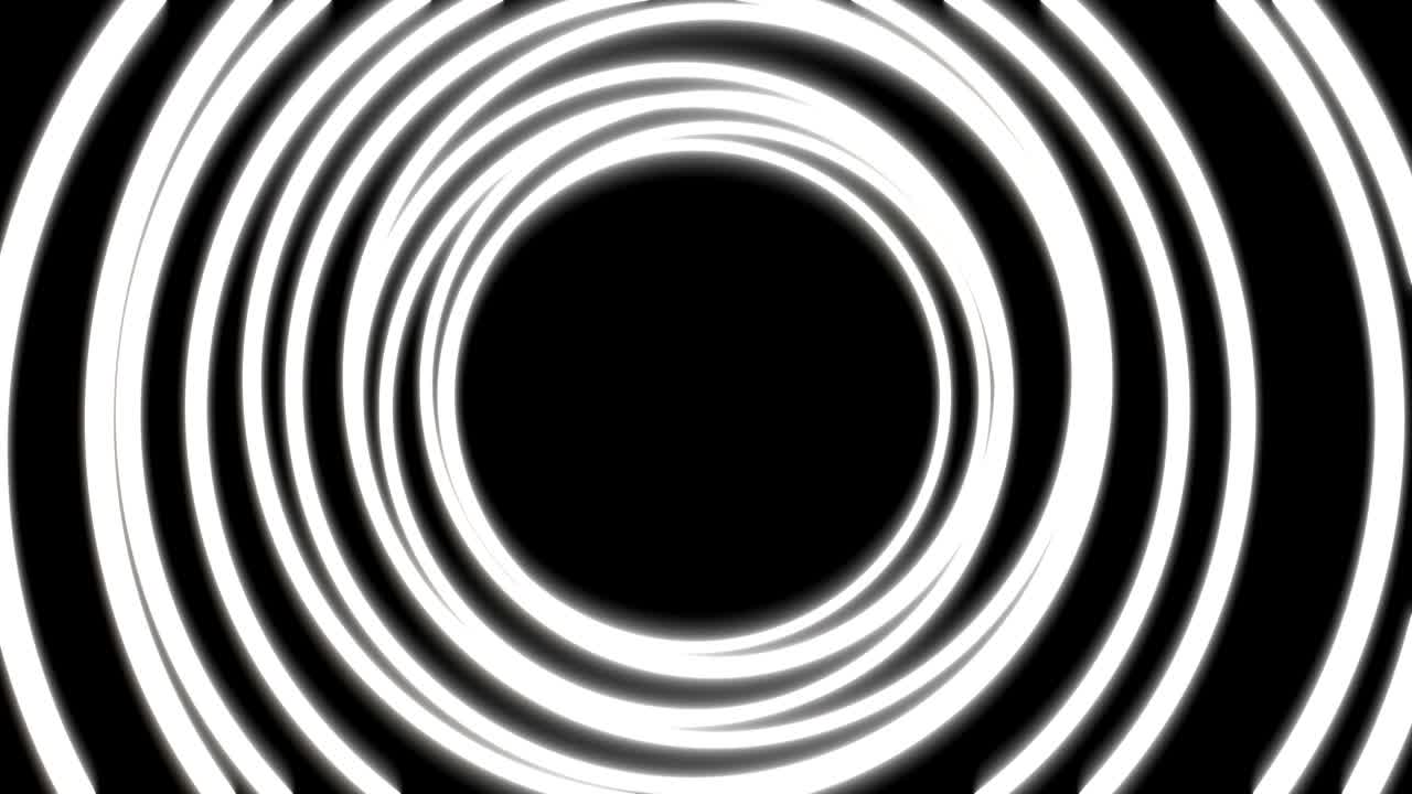 Bright glow neon light circles on black color. Colorful abstract fluorescent geometric background. Loopable futuristic 3d render. Modern fashion animation for design broadcast, show, club.