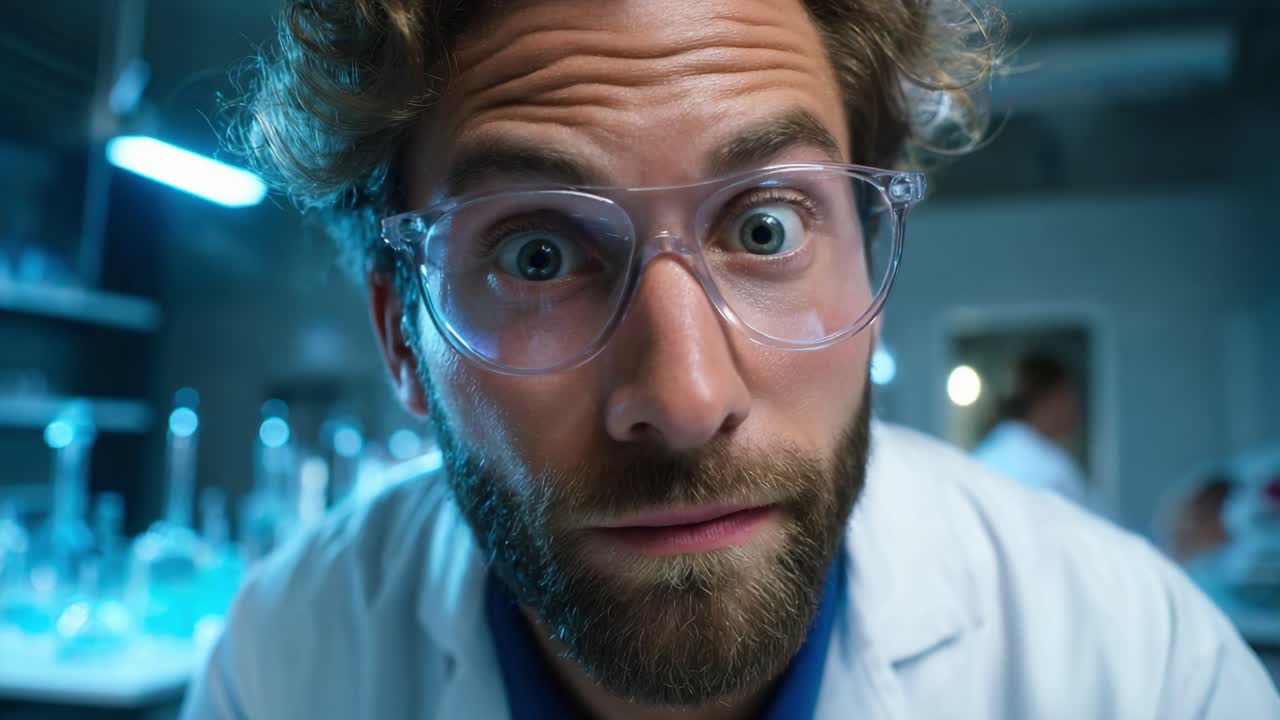 Uno scienziato impegnato nella ricerca, che mostra un mix di curiosità ed entusiasmo, illuminato in un ambiente di laboratorio pieno di attrezzature scientifiche e vetreria