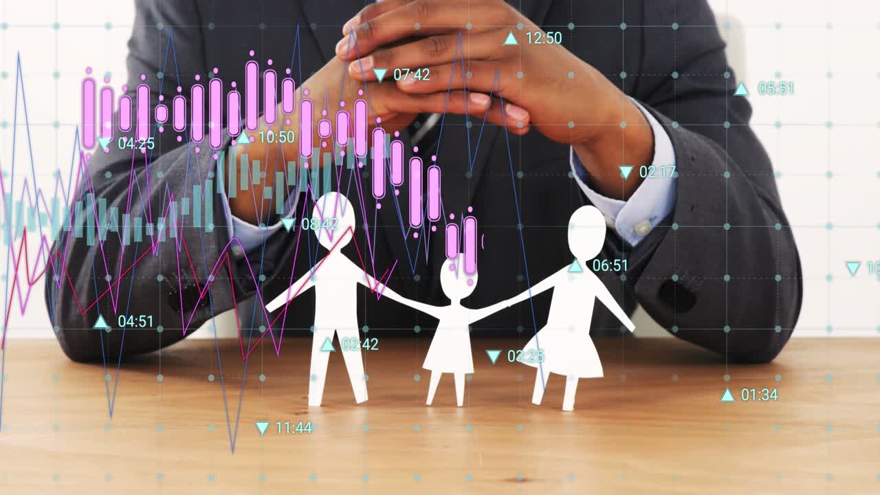Animazione dell'elaborazione di dati finanziari su un uomo d'affari afroamericano