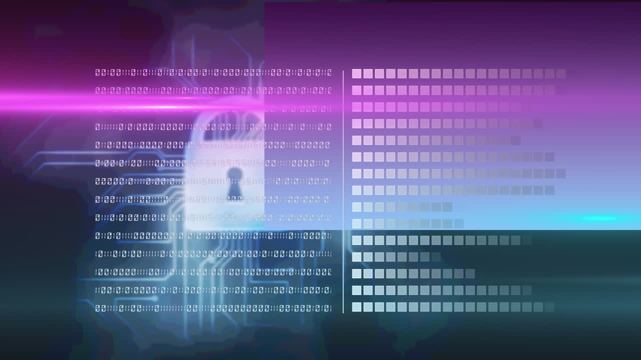 Animation of data processing and security padlock over dark background