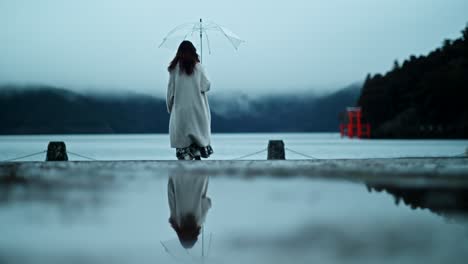 woman with umbrella on a lakeside pier in japan