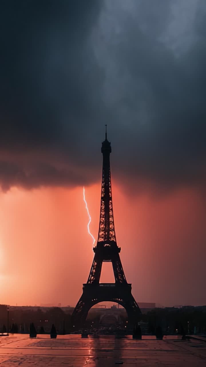 Uno spettacolo serale drammatico: La Torre Eiffel illuminata da un fulmine tra nuvole temporalesche scure al tramonto, che cattura la potenza pura della natura.