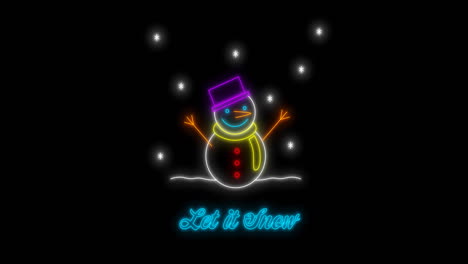 animation of let it snow christmas neon text and snowman over black background