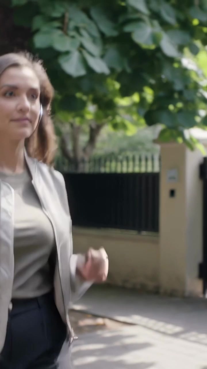 Video verticale: Donna che cammina con giacca bomber e cuffie, che entra da sinistra con il telefono, ascoltando per strada.