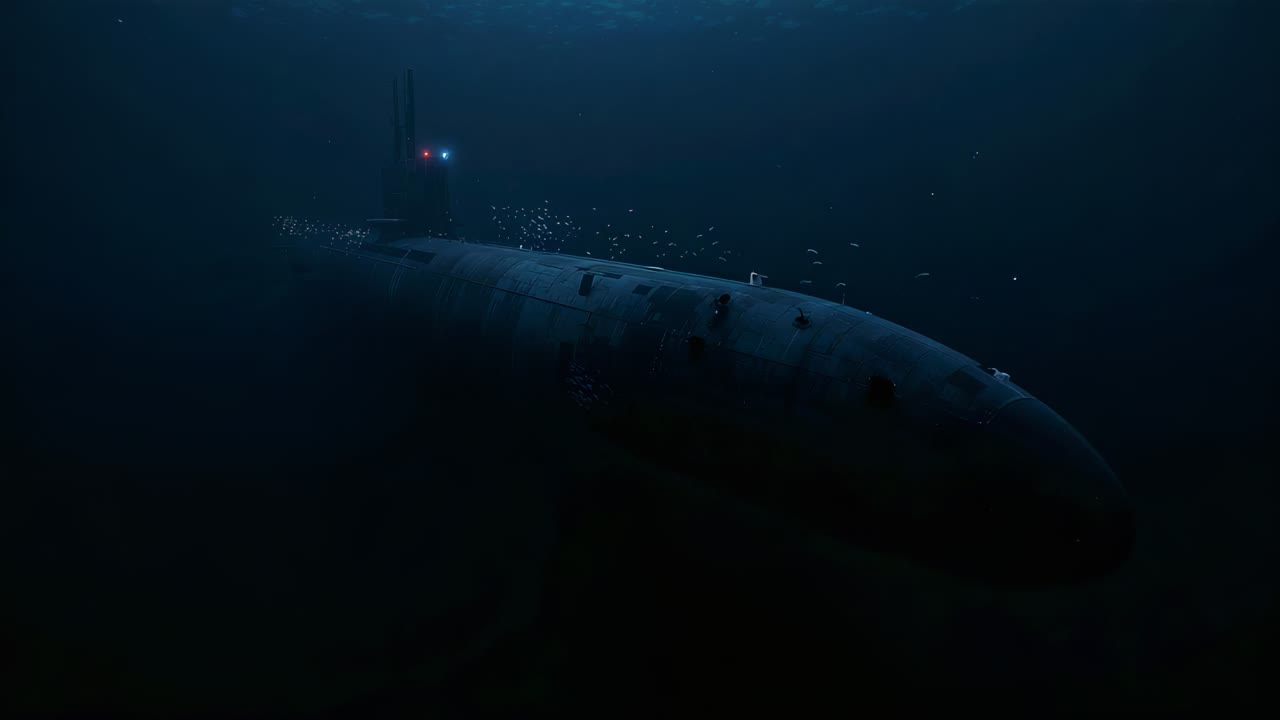 Translating camera revealing large submarine moving forward in deep ocean showing red white lights