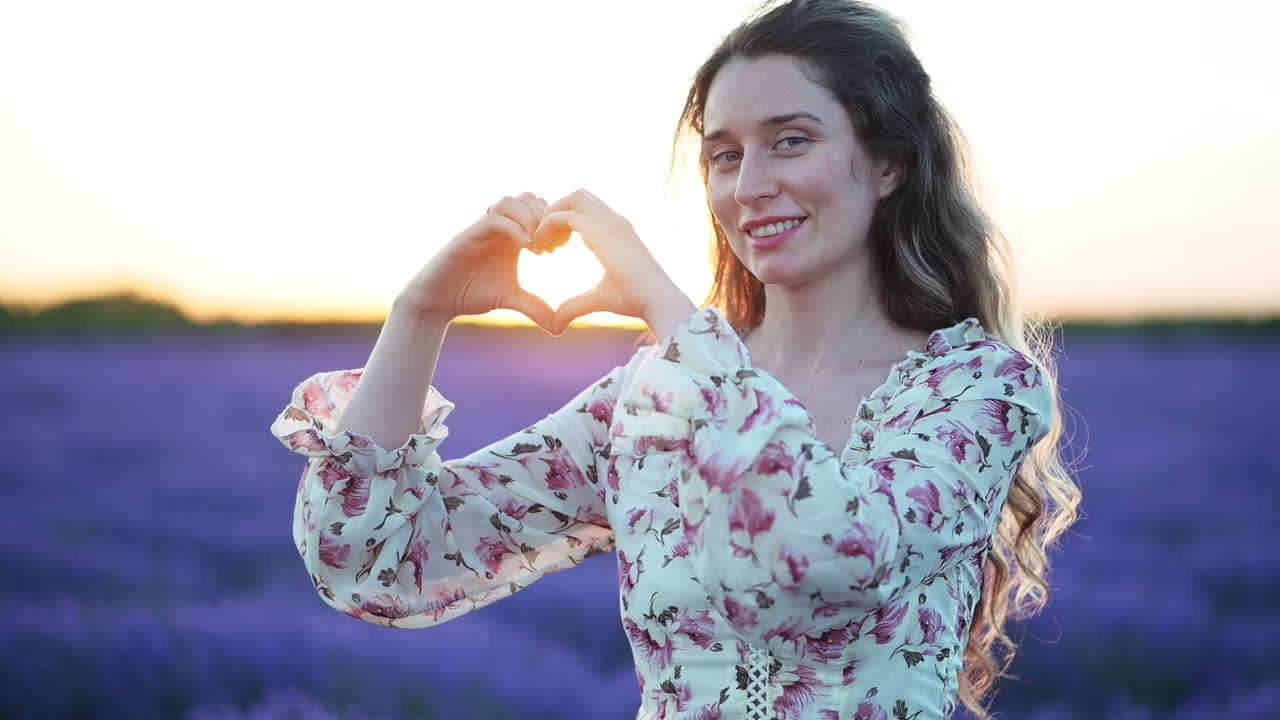 Happy woman forming a heart shape with her hands while standing in a lavender field during golden sunset