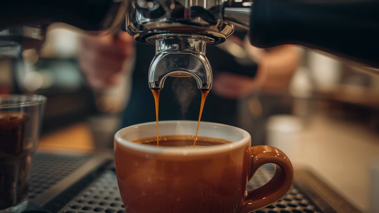 Barista pulling espresso streams filling brown cup at espresso counter after engaging portafilter