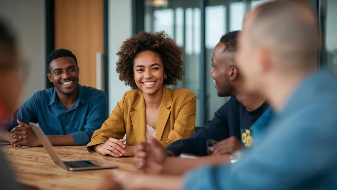 When team speaks, woman in yellow blazer leaning, gesturing to emphasize at office with laptop