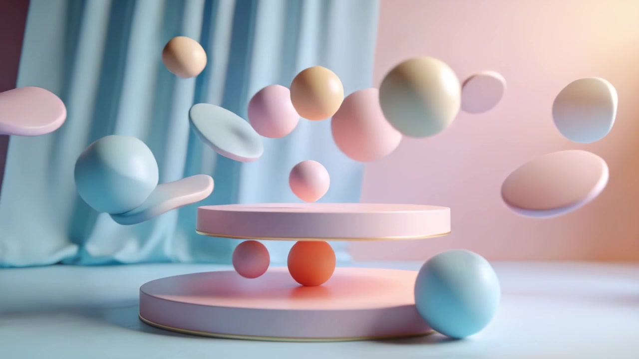 Shifting frame causing two-tier podium with orange orb and pastel forms orbiting for display
