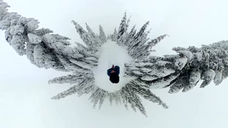 man walking through beautiful winter forest, vr360, 360vr, 360 video, 360 degree, vr, little planet effect