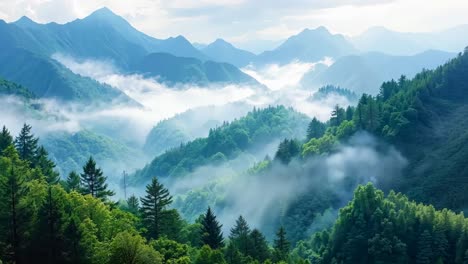 a view of a mountain range covered in fog and trees