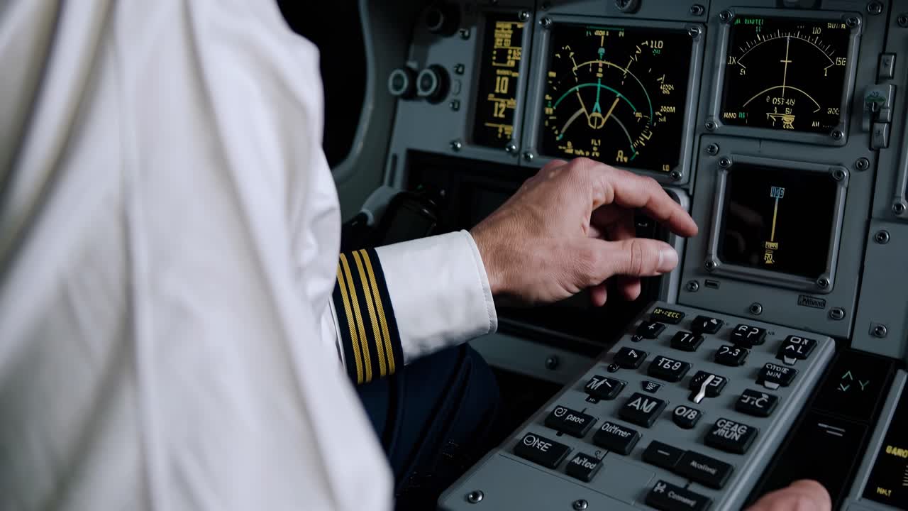 Close-up video shot from a side angle showing a pilot's hand operating aircraft controls
