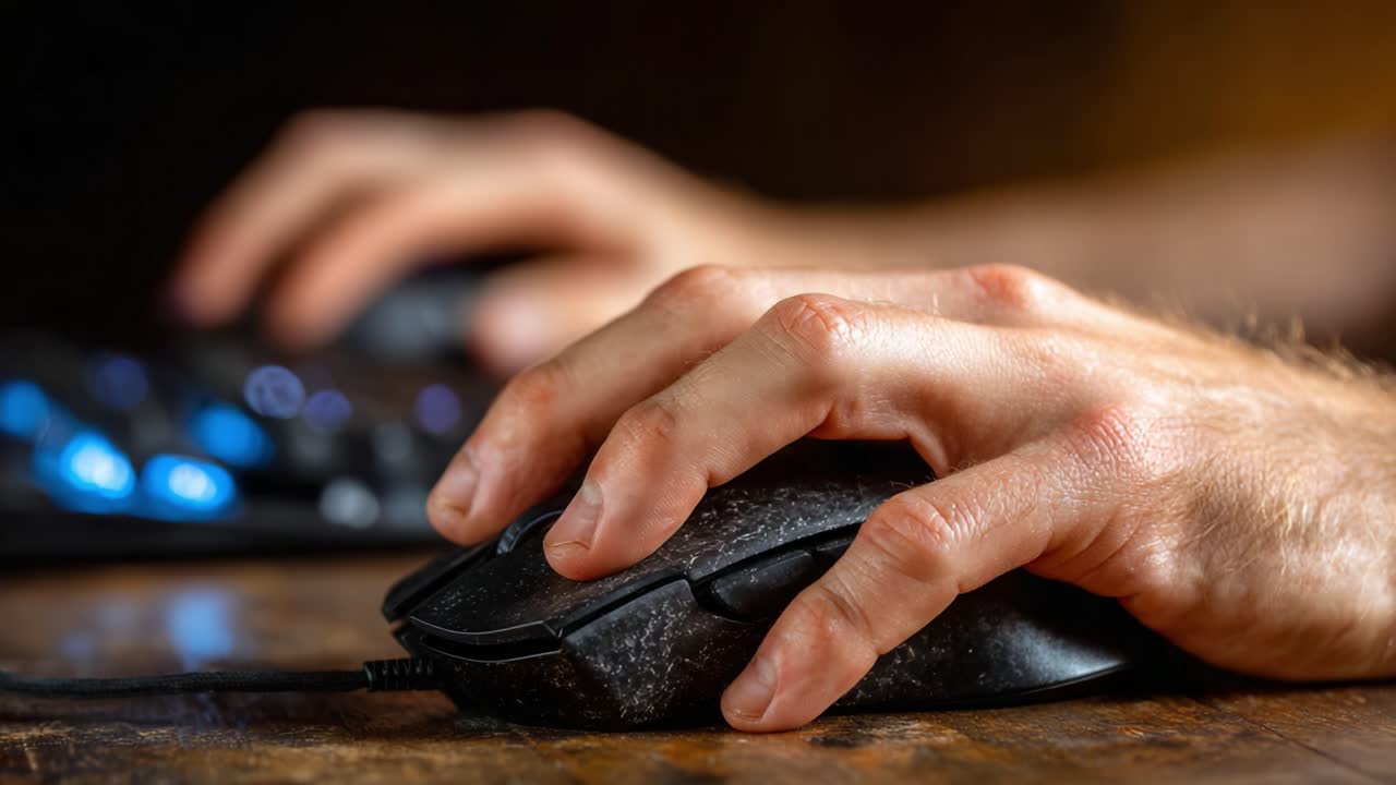 Focused Gaming: Capturing the Intense Moment of a Hand on a Computer Mouse, Emphasizing Hand Position and Detailed Mouse Features During Gameplay
