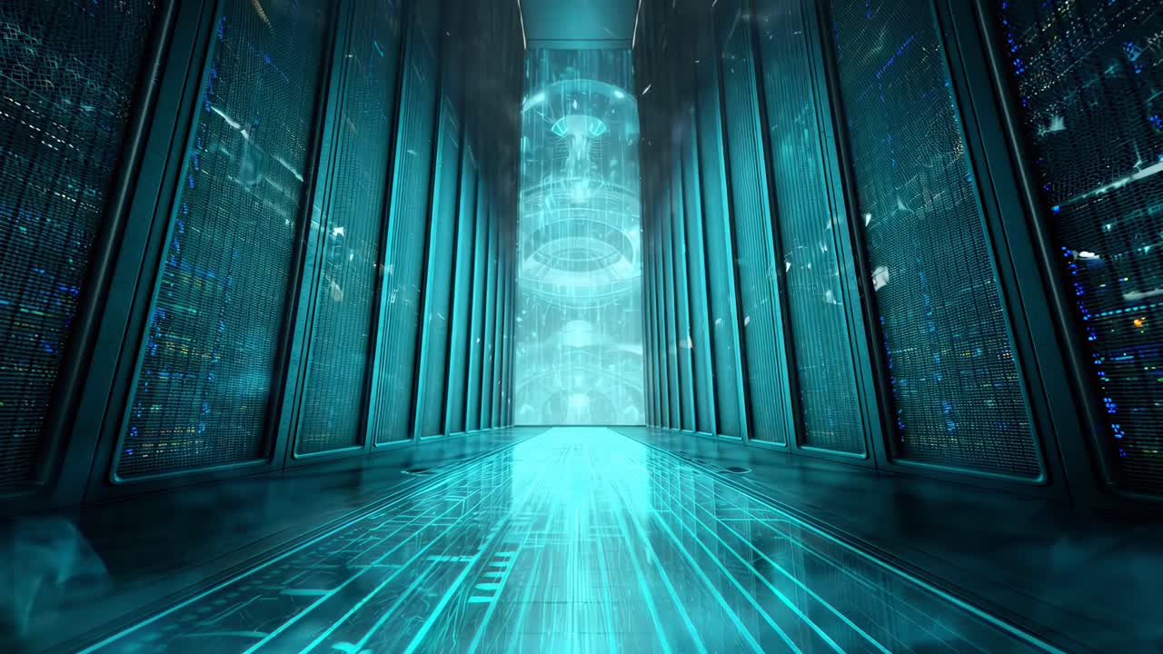 Futuristic video scene with drones in a neon-lit corridor, captured from a low angle