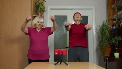 Grandmother-grandfather-doing-healthy-lifestyle-workout,-training,-fitness,-sport-activity-at-home