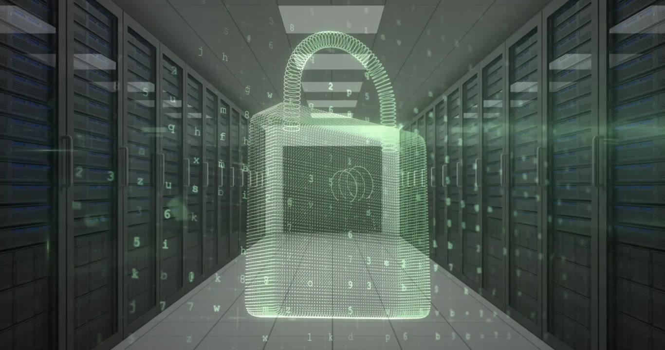 Animation of padlock, warning text and data processing over computer servers in background