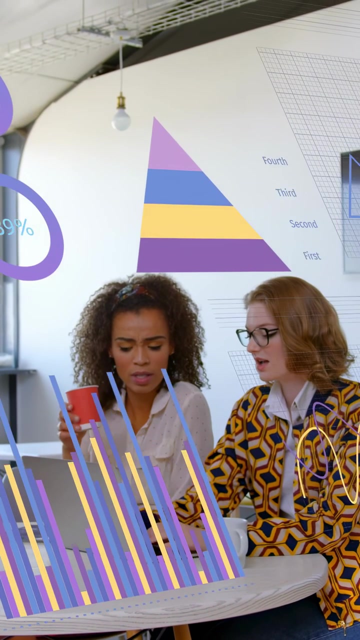 Vertical video: Women using laptop and phone, ring charts popping, checking line graphs for finance