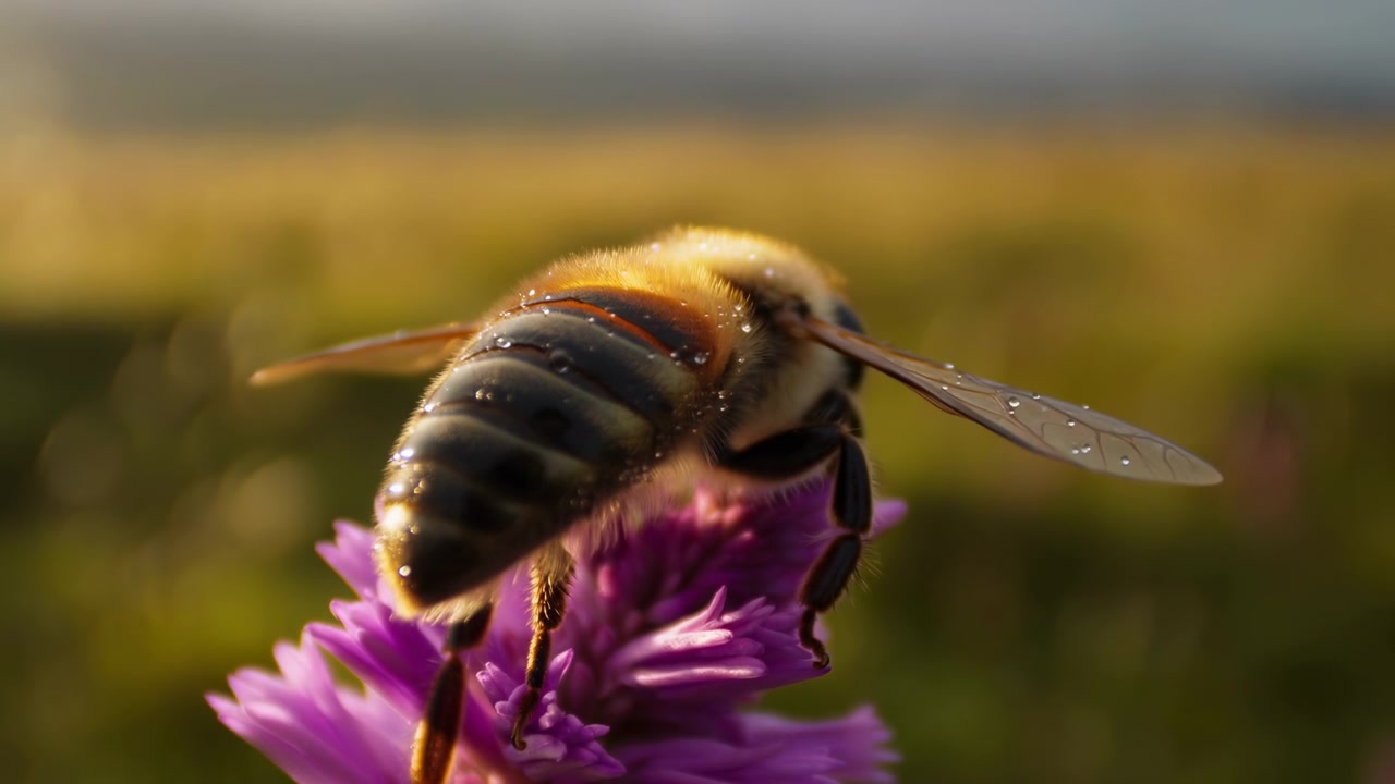 A bee gracefully pollinates a vibrant purple flower in a picturesque sunny meadow, creating a serene and natural scene with a close-up side view. The vivid yellow and black colors.