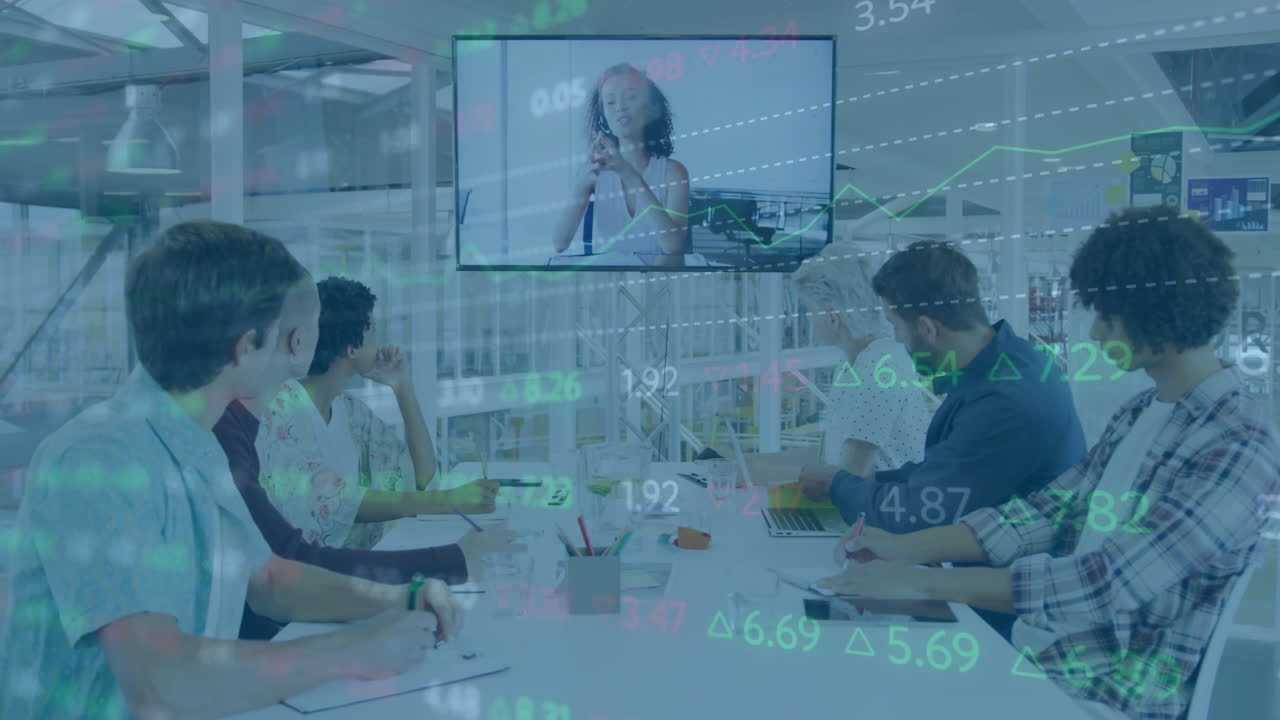 다양한 동료들이 비디오 통화를 통해 클라이언트와 토론하는 번호를 변경하는 애니메이션