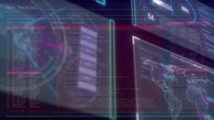 Digital code and data processing animation over futuristic computer screens