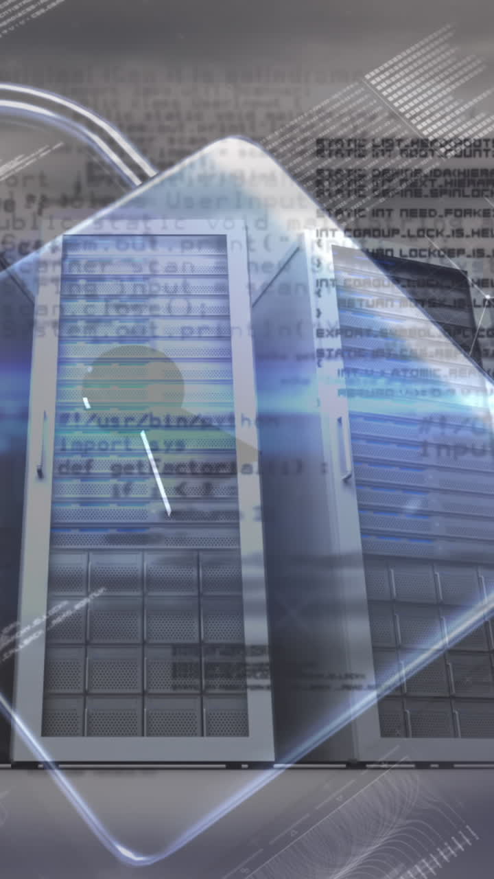 animación del procesamiento de datos y el candado sobre el cielo y la sala del servidor